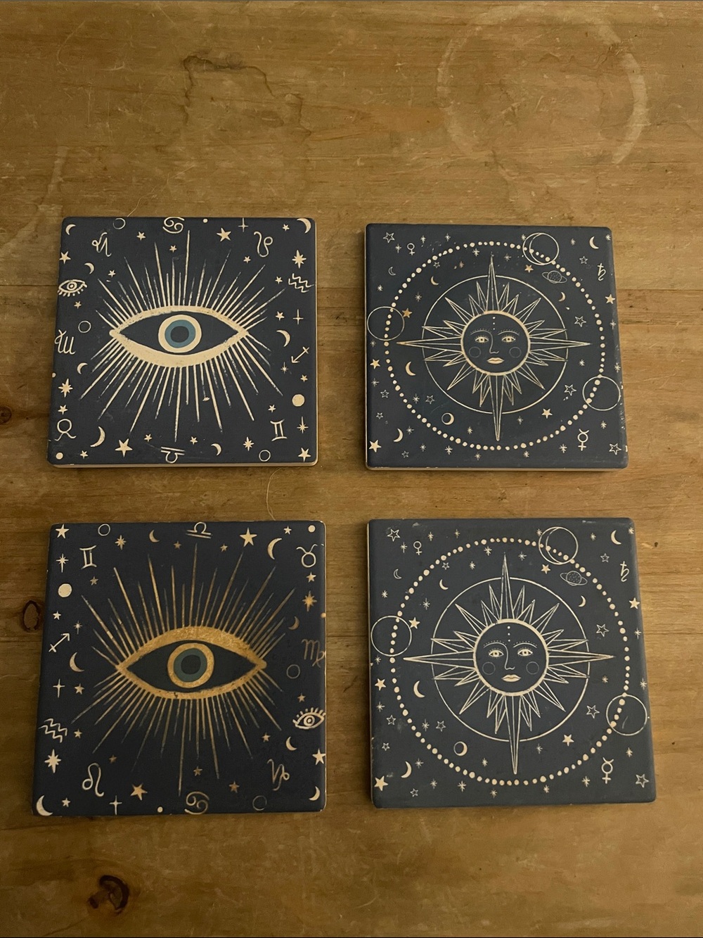 Mystic Sun & Eye coasters  Tiles - Navy and Gold